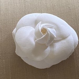 CHANEL White Linen Camellia Flower Brooch